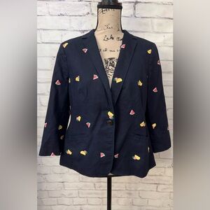 Talbots‎ Petites 12P Embroidered Fruits Blazer Blue Lemons Watermelon Office